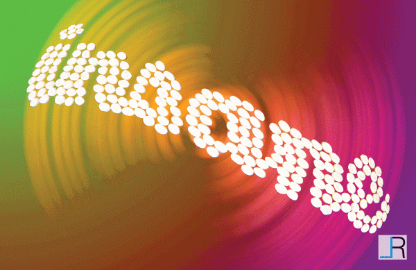 The word Insane made out of cotton balls on a rainbow background